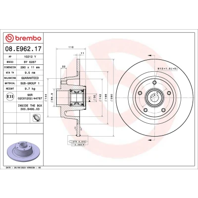 Imagem de BREMBO Disco de travão RENAULT: Megane 4 290mm 11mm 5 cheio 08.E962.17 432020912R Discos