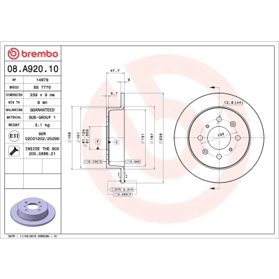 Imagem de BREMBO 08.A920.10 Disco de travão 239 9 4 cheio com parafusos HONDA: CIVIC 6 Stufenheck, 5 Fastback