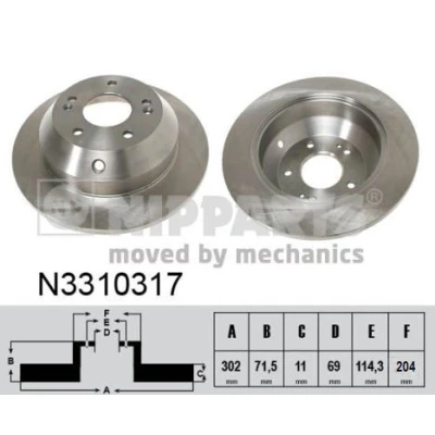 Imagem de NIPPARTS Disco de travão HYUNDAI: SANTA FE 3, Tucson, 2, KIA: SORENTO 2 Eixo traseiro 302mm 11mm 5 114,3mm cheio pintado N3310317 584112P000