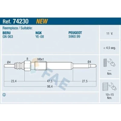 Imagem de FAE 74230 Vela incandescente 11V M 8x1 PEUGEOT: 407 SW