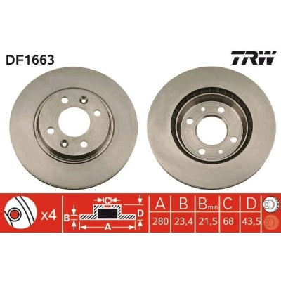 Imagem de TRW DF1663 Disco de travão 280 23,4 4 108 ventilado pintado com parafusos SAAB: 9000 Hatchback
