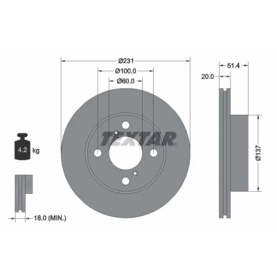 Imagem de TEXTAR 92204100 Disco de travão 231 20 04/06 100 interior ventilado sem o rolamento da roda, pernos fixação cubo roda