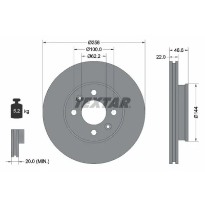 Imagem de TEXTAR PRO 92164703 Disco de travão 256 22 04/06 100 interior ventilado revestido sem pernos fixação da roda, cubo roda