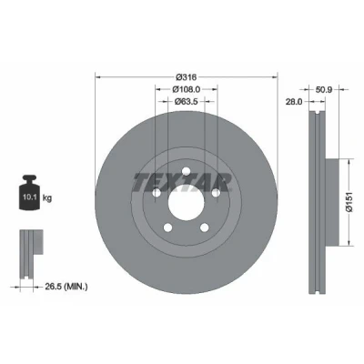 Imagem de TEXTAR 92317203 Disco de travão 316 28 05/05 108 interior ventilado revestido sem pernos fixação da roda, cubo roda FORD: S Max Mk2