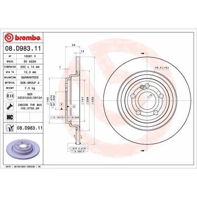Imagem de BREMBO 08.D983.11 Disco de travão 330 14 5 cheio revestido alto carbono com parafusos