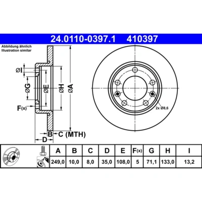 Imagem de ATE 24.0110 0397.1 Disco de travão 249,0 10,0 5 108,0 cheio revestido com parafusos PEUGEOT: 308 II Hatchback, SW 2, Van / Hatchback
