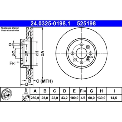 Imagem de ATE PowerDisc 24.0325 0198.1 Disco de travão 280,0 25,0 4 100,0 ventilado revestido ligado/alto carbono com parafusos OPEL: Astra H GTC