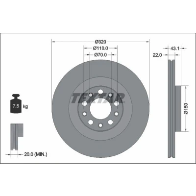 Imagem de TEXTAR Disco de travão ALFA ROMEO: Giulia Sedan, Stelvio 320mm 22mm 05/10 110mm interior ventilado revestido 92337803 50532946,50546509,50554319