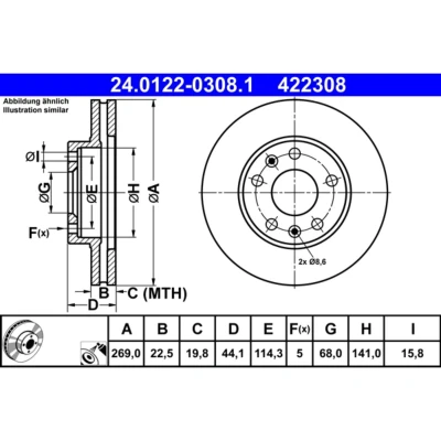 Imagem de ATE 24.0122 0308.1 Disco de travão 269,0 22,5 5 114,3 ventilado revestido alto carbono RENAULT: Megane 4