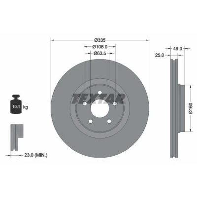 Imagem de TEXTAR 92317805 Disco de travão 335 25 05/05 108 ventilado fora revestido alto carbono sem pernos fixação da roda, cubo roda