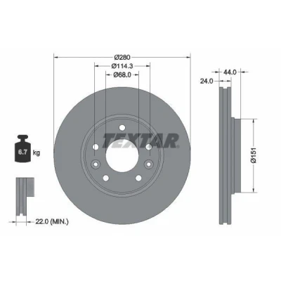 Imagem de TEXTAR Disco de travão 24mm 05/07 114,3mm ventilado fora revestido 92346803 402066LA0A,402062072R Discos