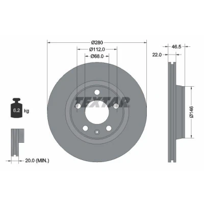 Imagem de TEXTAR PRO+ 92083505 Disco de travão 280 22 05/06 112 interior ventilado revestido alto carbono sem pernos fixação da roda, cubo roda