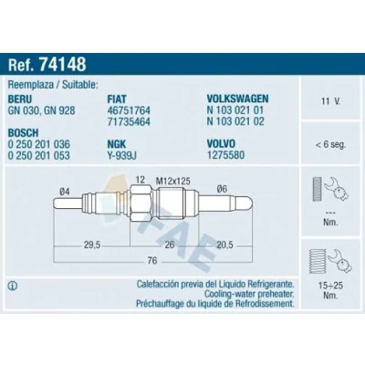 Imagem de FAE 74148 Vela incandescente 11V M12x1,25, M 12x1,25 VOLKSWAGEN: GOLF 4, 3, Passat B5 GP Sedan, SEAT: Ibiza 2, Leon I Hatchback
