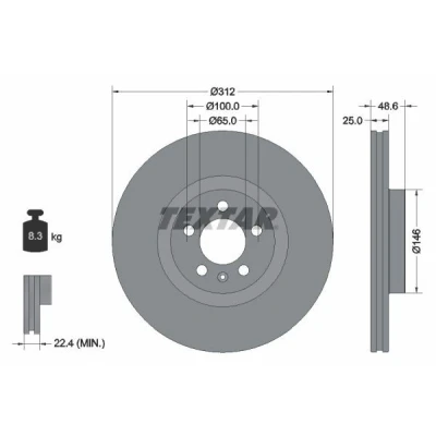 Imagem de TEXTAR 92303303 Disco de travão 312 25 05/06 100 interior ventilado revestido sem o rolamento da roda, pernos fixação cubo roda