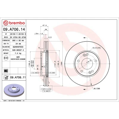 Imagem de BREMBO COATED DISC LINE 09.A706.11 Disco de travão 280 26 5 interior ventilado revestido alto carbono KIA: CARENS 2, 3