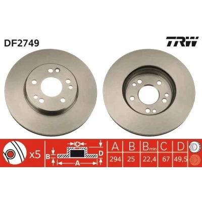 Imagem de TRW DF2749 Disco de travão 294 25 5 112 ventilado pintado MERCEDES BENZ: W124 Sedan, Classe E Cabrio, Coupe