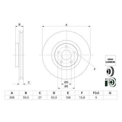 Imagem de BOSCH Disco de travão FORD: Focus Mk4 Turnier, Hatchback 308mm 27mm 5 108mm ventilado revestido alto carbono 0 986 479 H51 2305506