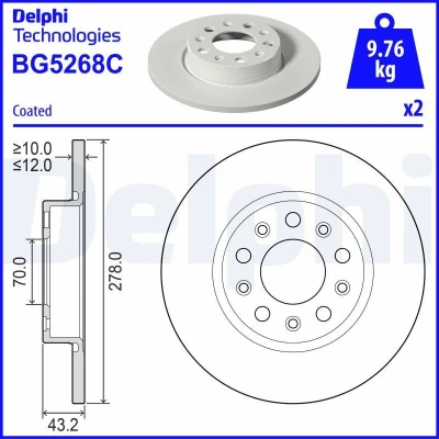 Imagem de DELPHI Disco de travão JEEP: Compass 278mm 12mm 5 cheio revestido BG5268C Discos
