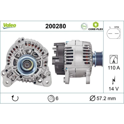 Imagem de VALEO 200280 Alternador 14V 110A VOLKSWAGEN: GOLF 5, Passat B6 Sedan, 6, SEAT: Leon II Hatchback, Ibiza 4 Sportcoupe, SKODA: Octavia Hatchback