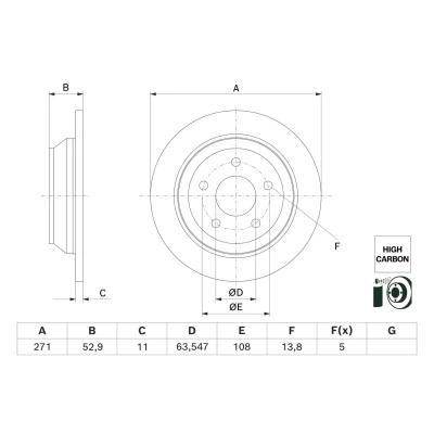 Imagem de BOSCH Disco de travão 271mm 11mm 5 108mm cheio revestido alto carbono 0 986 479 H55 2413300 Discos
