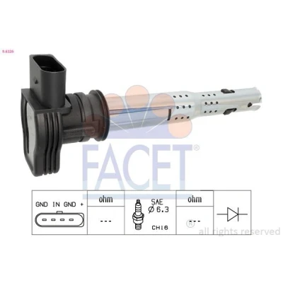 Imagem de FACET 9.6326 Bobina de ignição COIL ON PLUG com cachimbo da vela VOLKSWAGEN: Scirocco III, GOLF 5, 6, SEAT: Leon II Hatchback, Altea