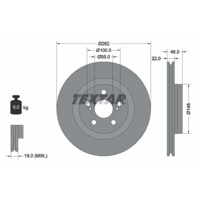 Imagem de TEXTAR 92333503 Disco de travão 282 22 05/07 100 interior ventilado revestido sem o rolamento da roda, pernos fixação cubo roda