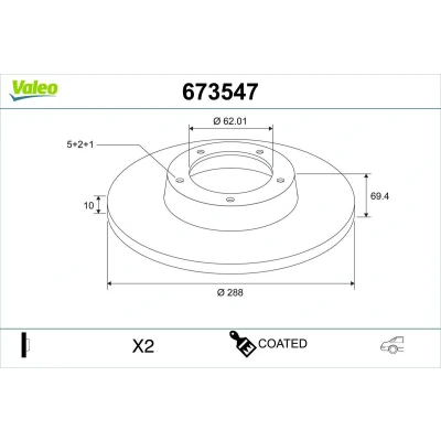 Imagem de VALEO Disco de travão LEXUS: RX II Eixo traseiro 288mm 10mm 5furos cheio revestido alto carbono 673547 Discos