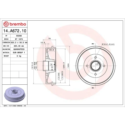 Imagem de BREMBO 14.A672.10 Tambor de Travão sem anel sensor do ABS 203 NISSAN: Micra C+C 3, Note I
