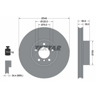 Imagem de TEXTAR PRO+ 92269505 Disco de travão 348 36 05/06 120 interior ventilado revestido alto carbono sem pernos fixação da roda, cubo roda BMW: 7