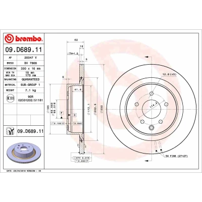 Imagem de BREMBO 09.D689.11 Disco de travão 330 16 5 interior ventilado revestido