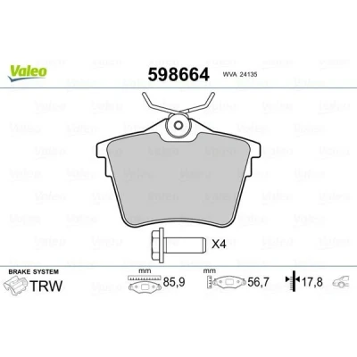 Imagem de VALEO 598664 Jogo de pastilhas para travão disco PEUGEOT: 407 SW, Sedan, 607 CITROËN: C5 III Carrinha, 3