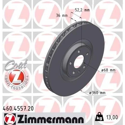 Imagem de ZIMMERMANN Disco de travão PORSCHE: Macan 36mm 6/5 5furos 112mm interior ventilado revestido alto carbono 460.4557.20 95B615301AA Discos