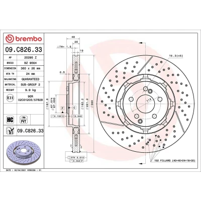 Imagem de BREMBO 09.C826.33 disco de travão 360 26 5 interior ventilado, ranhurado/perfurado, duas peças revestido alto carbono