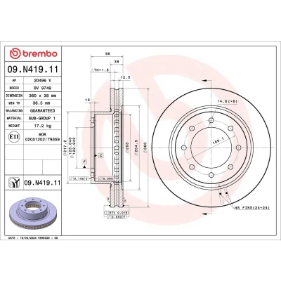 Imagem de BREMBO Disco de travão 360mm 38mm 8 interior ventilado 09.N419.11 Discos