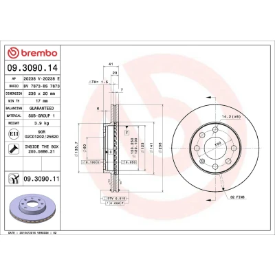 Imagem de Disco de travão BREMBO 9309011 frente/ventilado/1 peça