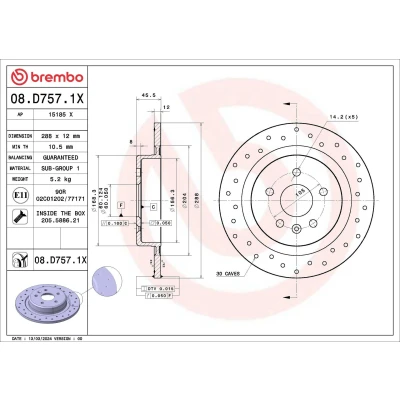 Imagem de BREMBO Disco de travão OPEL: Astra K Hatchback, Sports Tourer 288mm 12mm 5 cheio, perfurado revestido 08.D757.1X 13509120,13515914