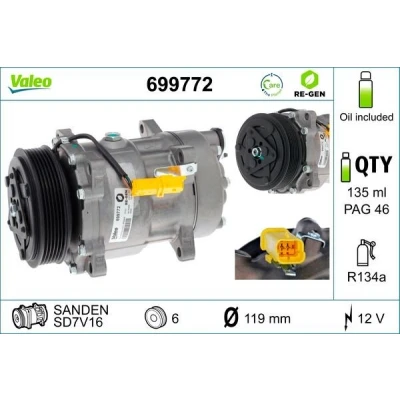 Imagem de VALEO 699772 compressor SD7V16 12 PAG 46 R 134a com óleo de REMANUFACTURED PEUGEOT: 406 Carrinha, 807, Sedan