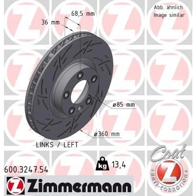 Imagem de ZIMMERMANN 600.3247.54 Disco de travão 360 36 6/5 5 130 interior ventilado, fendido revestido alto carbono VOLKSWAGEN: Touareg II, PORSCHE: Cayenne