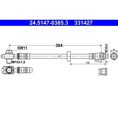 Imagem de ATE 24.5147 0385.3 Mangueira de Travão 384mm M10x1mm VOLKSWAGEN: Passat B3/B4 Variant, Polo III Hatchback, Sedan