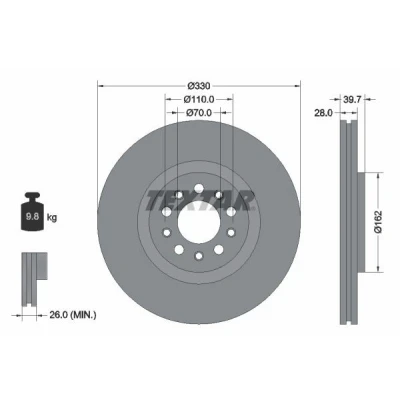 Imagem de TEXTAR PRO 92220903 Disco de travão 330 28 05/10 110 interior ventilado revestido sem pernos fixação da roda, cubo roda