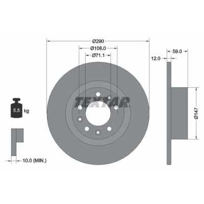 Imagem de TEXTAR 92313603 Disco de travão 290 12 05/08 108 cheio revestido sem pernos fixação da roda, cubo roda PEUGEOT: 508 I SW