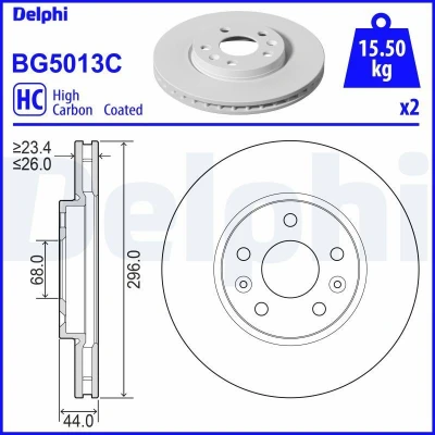 Imagem de DELPHI BG5013C Disco de travão 296 26 5 ventilado revestido alto carbono sem o rolamento da roda, anel sensor do ABS