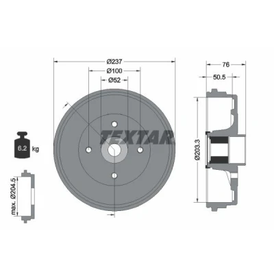 Imagem de TEXTAR 94041400 Tambor de Travão com anel sensor do ABS, o rolamento da roda, sem pernos fixação cubo roda 237