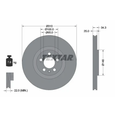Imagem de TEXTAR PRO+ 92275905 Disco de travão 310 25 05/06 100 interior ventilado revestido alto carbono sem pernos fixação da roda, cubo roda