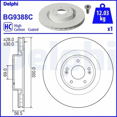 Imagem de DELPHI BG9388C Disco de travão 350 30 5 ventilado revestido alto carbono sem o rolamento da roda, anel sensor do ABS