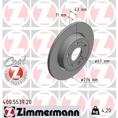 Imagem de ZIMMERMANN 400.5539.20 Disco de travão 276 11 6/5 5 112 cheio revestido MERCEDES BENZ: Classe A Sedan,