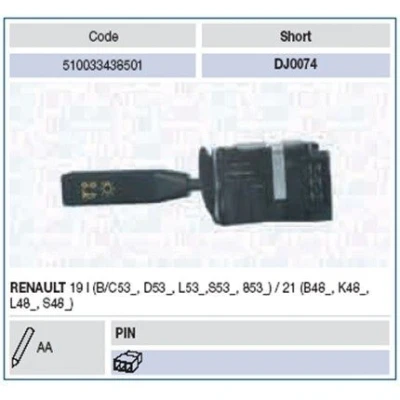 Imagem de MAGNETI MARELLI 510033438501 Comutador Na Coluna de Direcção RENAULT: 21 Sedan, 19 II Hatchback, I Hatchback