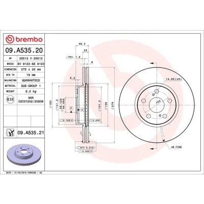 Imagem de BREMBO COATED DISC LINE 09.A535.21 Disco de travão 275 22 5 interior ventilado revestido TOYOTA: Urban Cruiser, Corolla X Sedan, XI Sedan