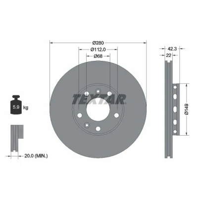 Imagem de TEXTAR 92152203 Disco de travão 280 22 05/07 112 ventilado fora revestido sem pernos fixação da roda, cubo roda AUDI: A8 D3