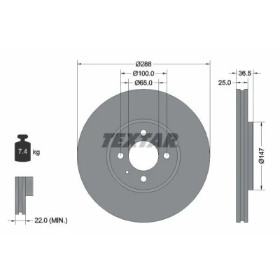 Imagem de TEXTAR 92302303 Disco de travão 288 25 04/05 100 ventilado fora revestido sem pernos fixação da roda, cubo roda VOLKSWAGEN: up! Hatchback